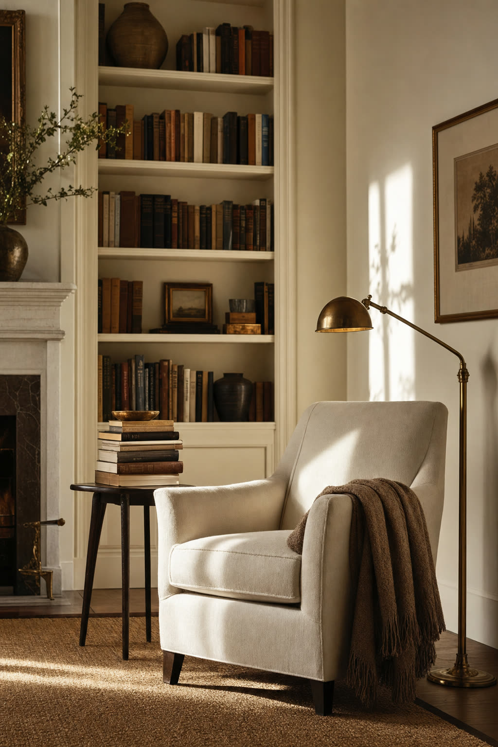 A warm home library nook with a single reading chair, brass floor lamp and books