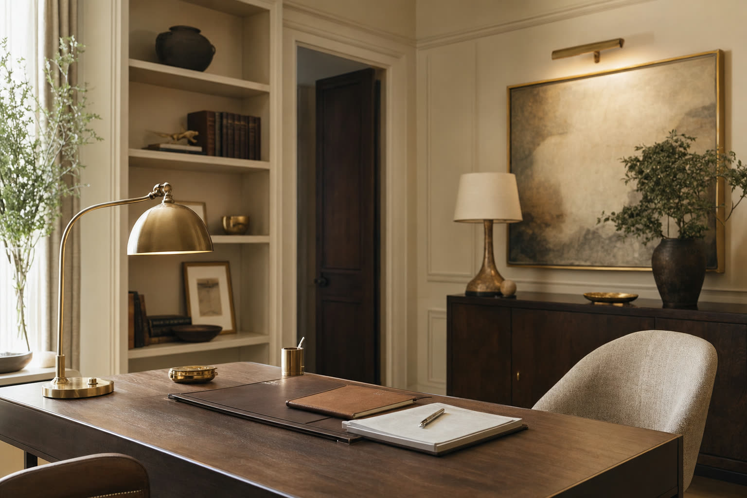 A refined home office with a leather portfolio, brass desk lamp and documents