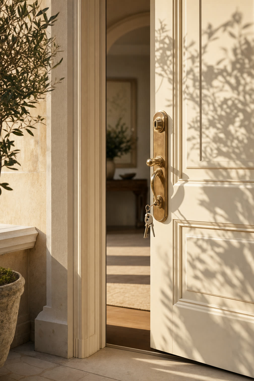 An ivory front door opening with brass hardware and a set of keys