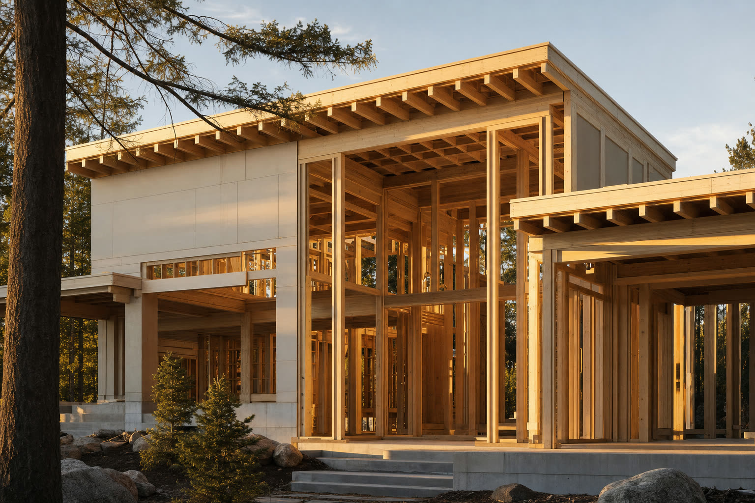 A custom home under construction with fine wood framing in a wooded setting