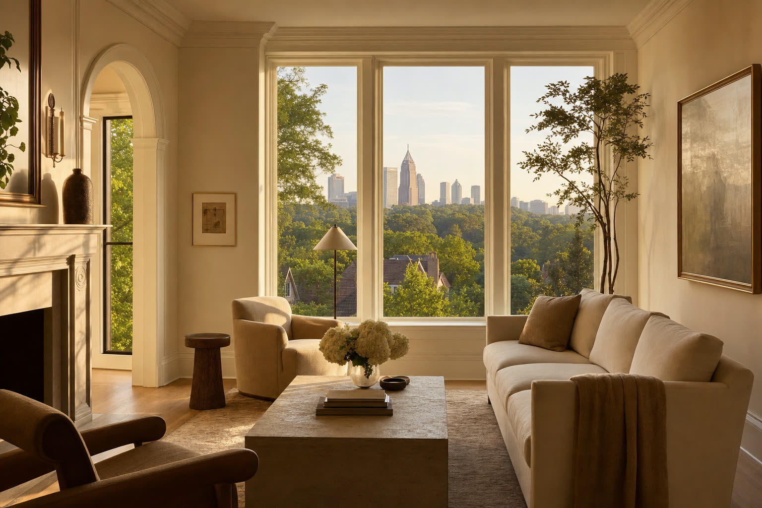 A warm ivory living room looking out over the tree canopy toward the Atlanta skyline